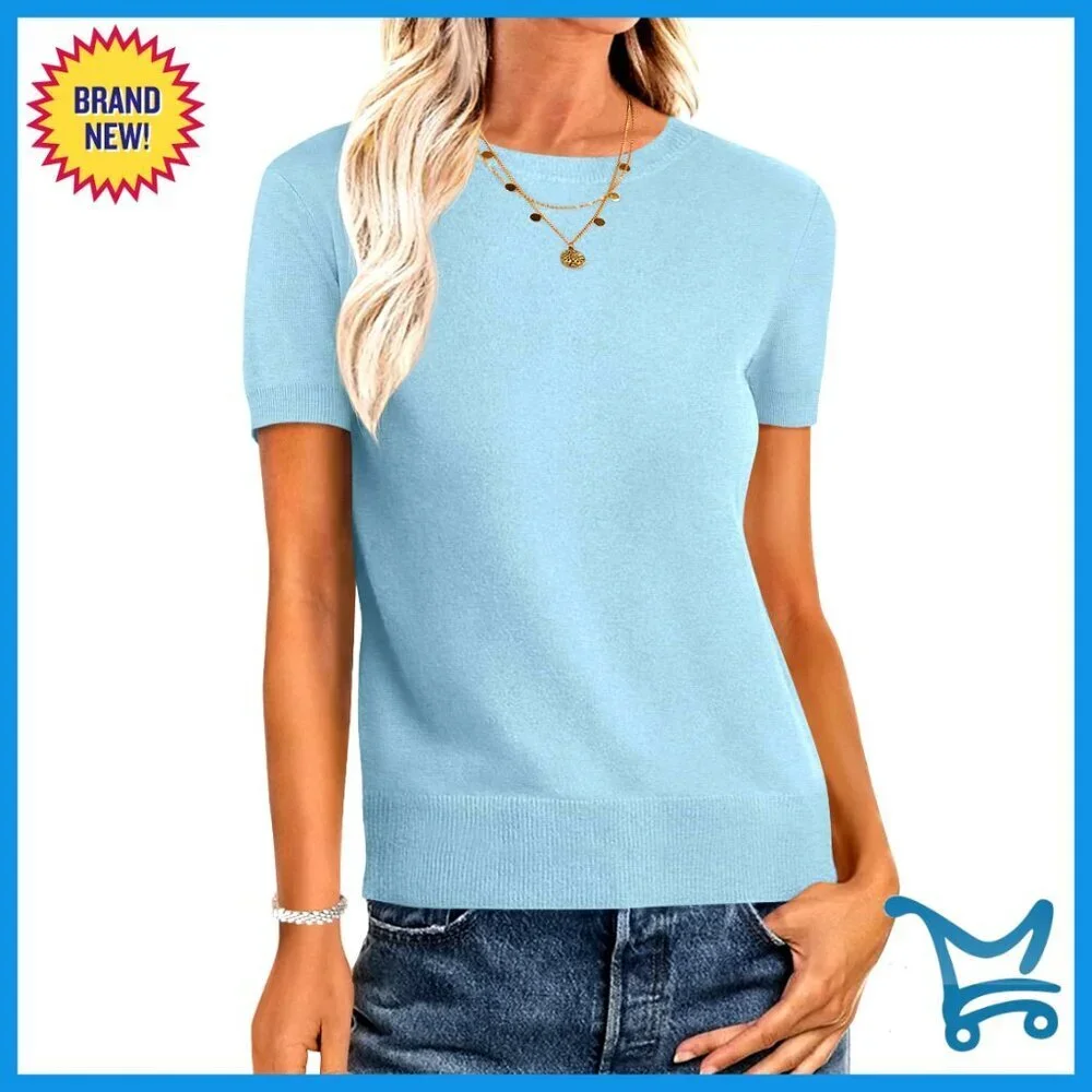 Wool Blend Crew Neck Short Sleeve Sweater Business Casual Work Top Summer
